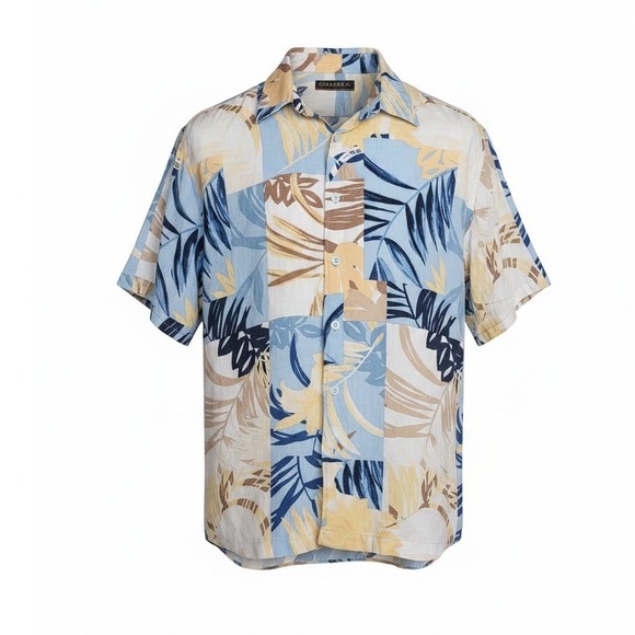 Cubavera Other - Cubavera Mens Large Tropical Leaf Patchwork Viscose Rayon Hawaiian Shirt Blue XL
